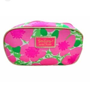 Lilly Pulitzer Hot Pink Floral Cosmetic Pouch with Green Accents and Gold Trim